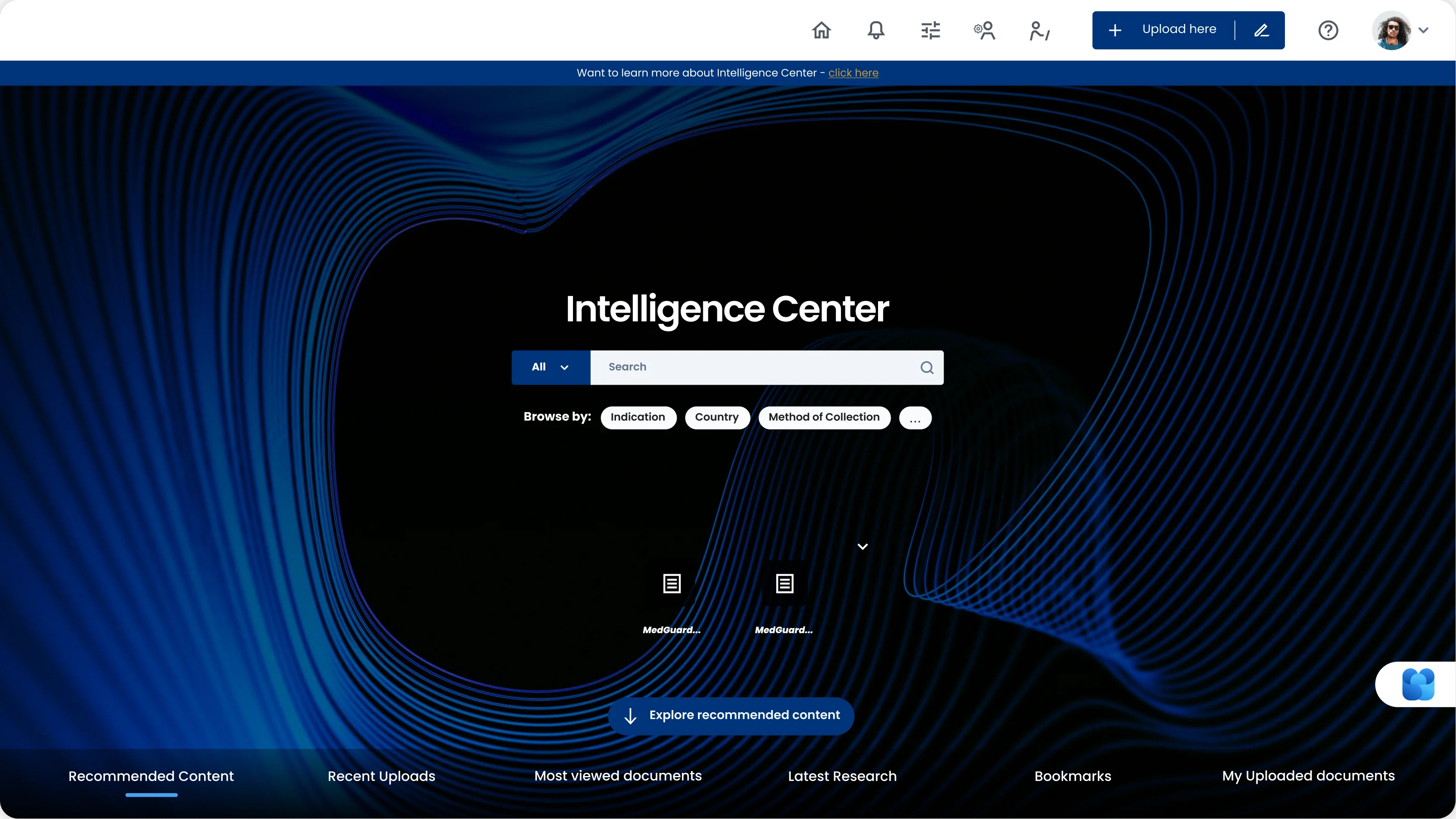 Screenshot of an online platform homepage titled Intelligence Center with a search bar and options to browse by category. The background has a blue abstract wave pattern.